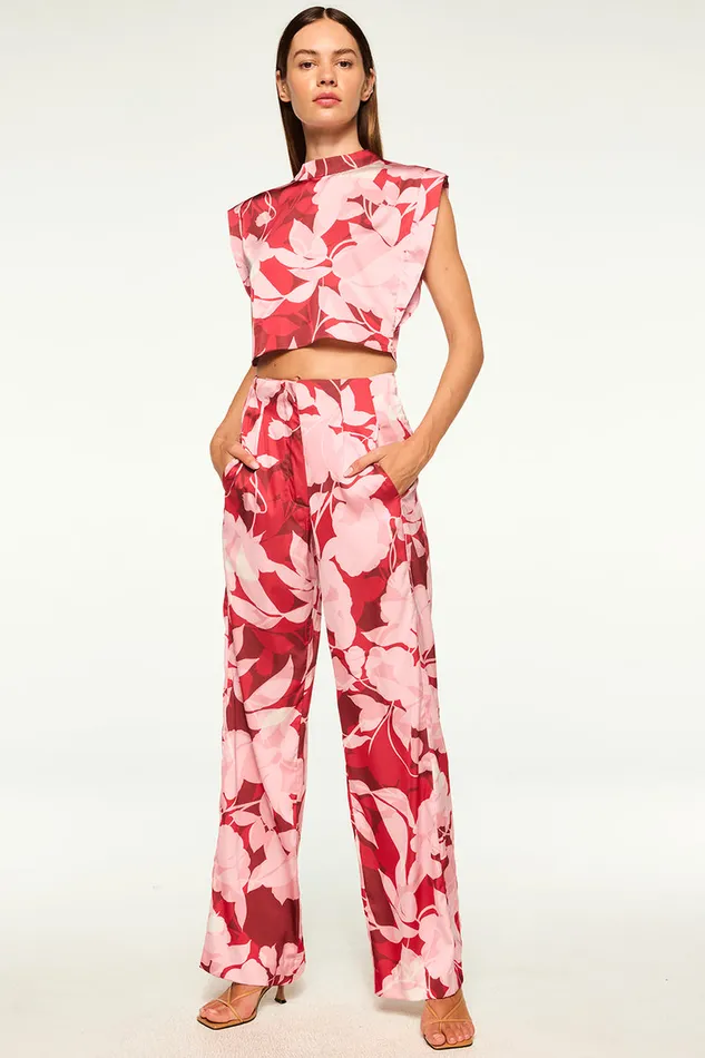 Misa Los Angeles Inah Top Flora Rosada Satin Women Matching Sets
