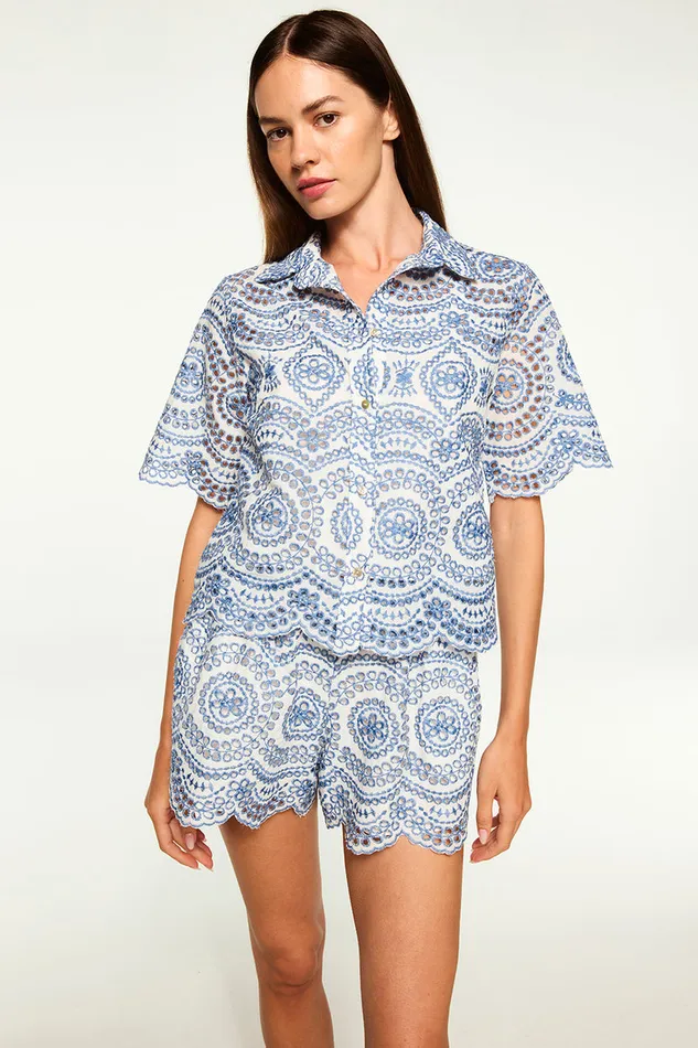 Misa Los Angeles Magda Top Blue Embroidered Eyelet Women Tops