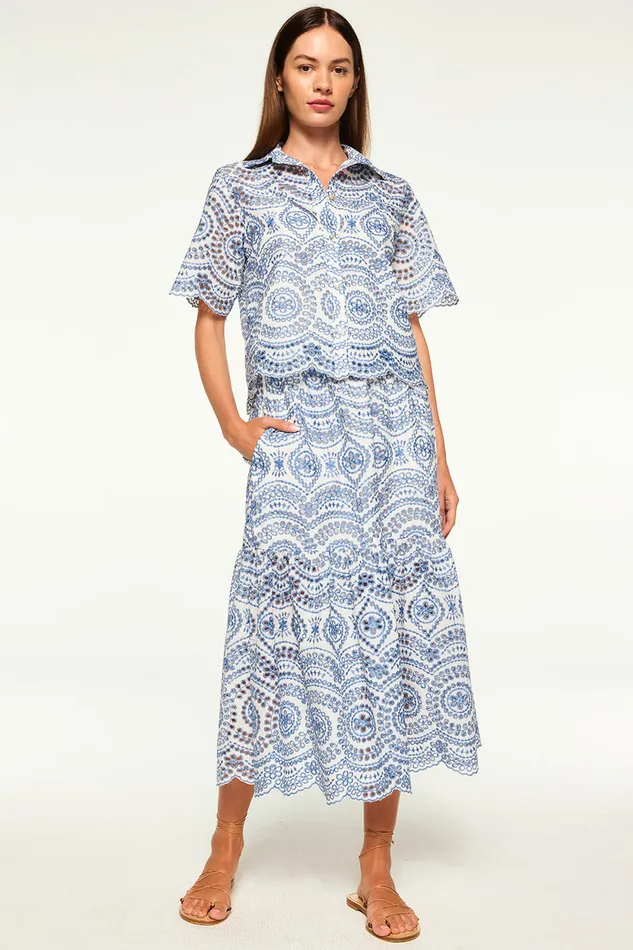 Misa Los Angeles Magda Top Blue Embroidered Eyelet Women Tops