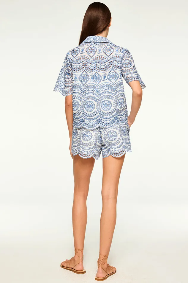 Misa Los Angeles Magda Top Blue Embroidered Eyelet Women Tops