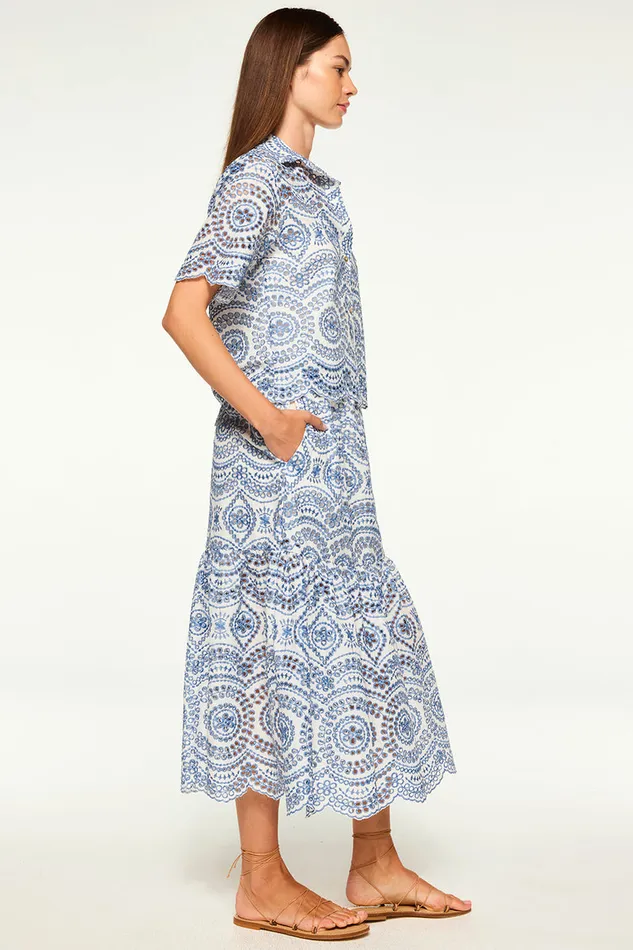 Misa Los Angeles Magda Top Blue Embroidered Eyelet Women Tops
