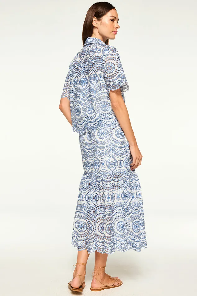 Misa Los Angeles Magda Top Blue Embroidered Eyelet Women Tops
