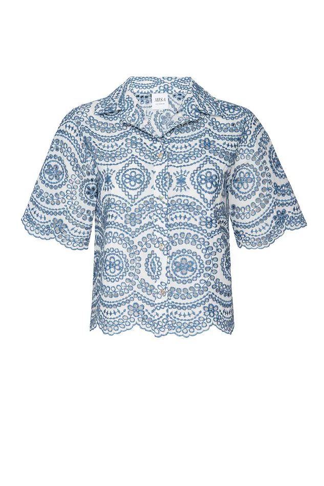 Misa Los Angeles Magda Top Blue Embroidered Eyelet Women Tops