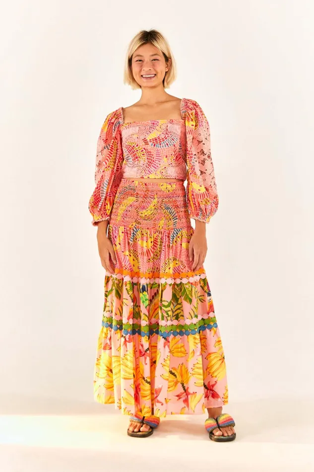Mixed Pink Prints Midi Skirt Women Farm Rio Skirts