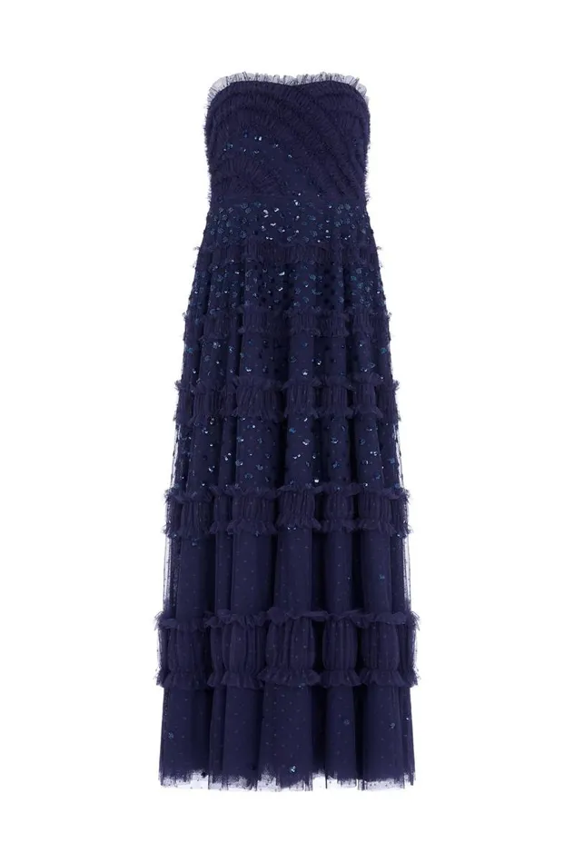 Needle and Thread Dresses Dot Shimmer Tiered Strapless Ankle Gown Blue 8211 Women