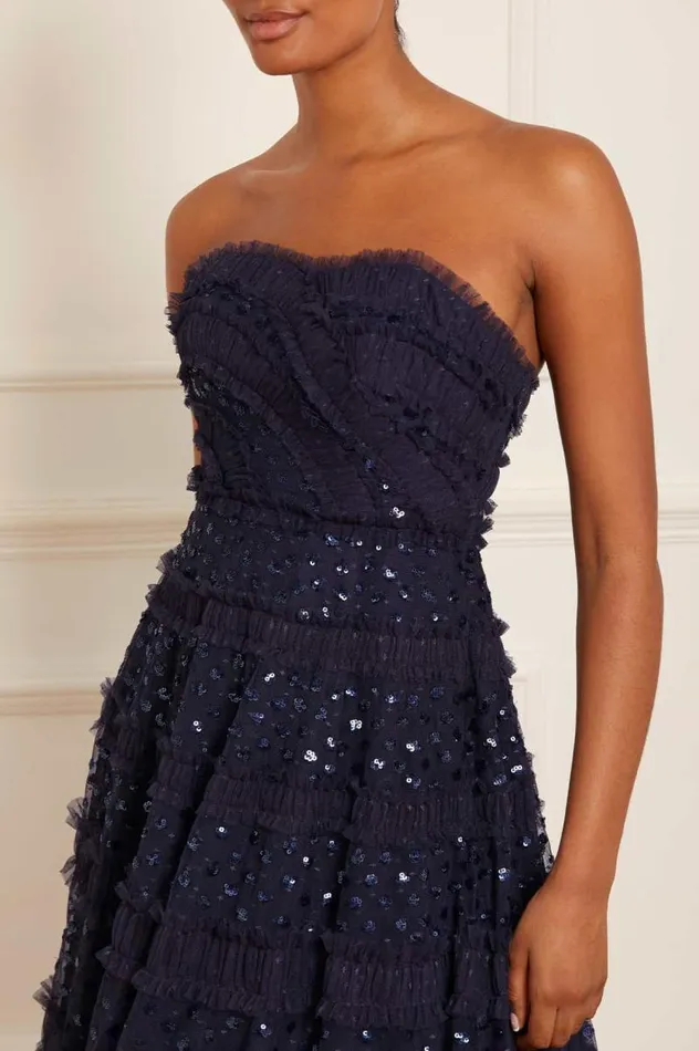 Needle and Thread Dresses Dot Shimmer Tiered Strapless Ankle Gown Blue 8211 Women