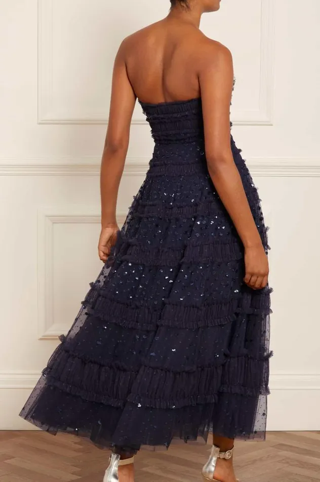 Needle and Thread Dresses Dot Shimmer Tiered Strapless Ankle Gown Blue 8211 Women