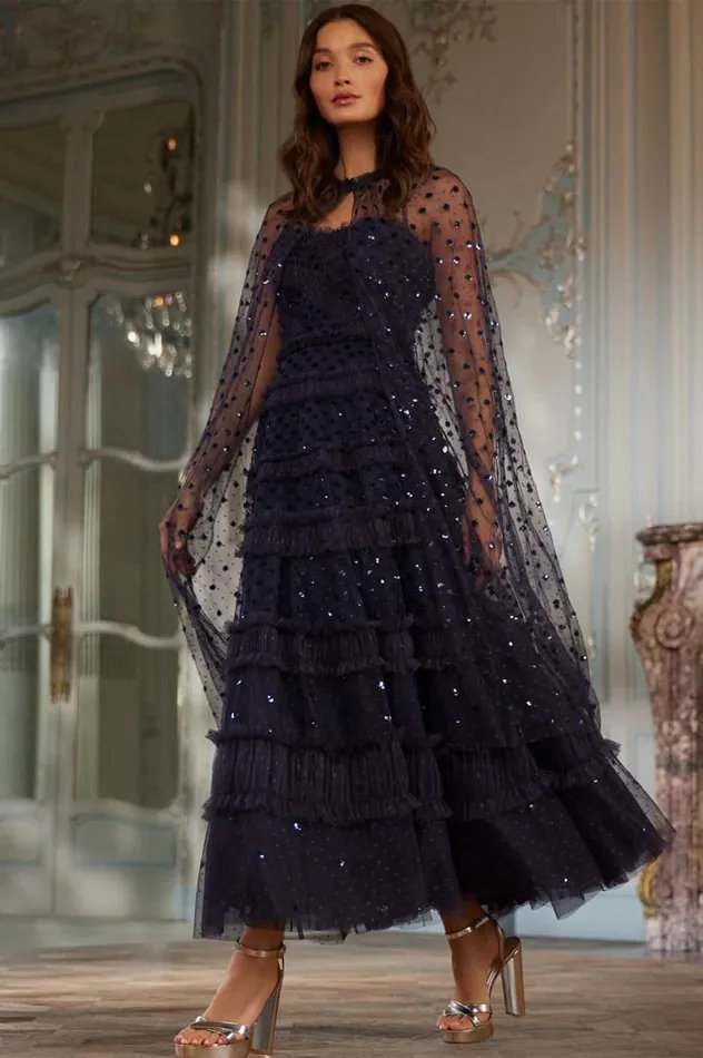 Needle and Thread Dresses Dot Shimmer Tiered Strapless Ankle Gown Blue 8211 Women