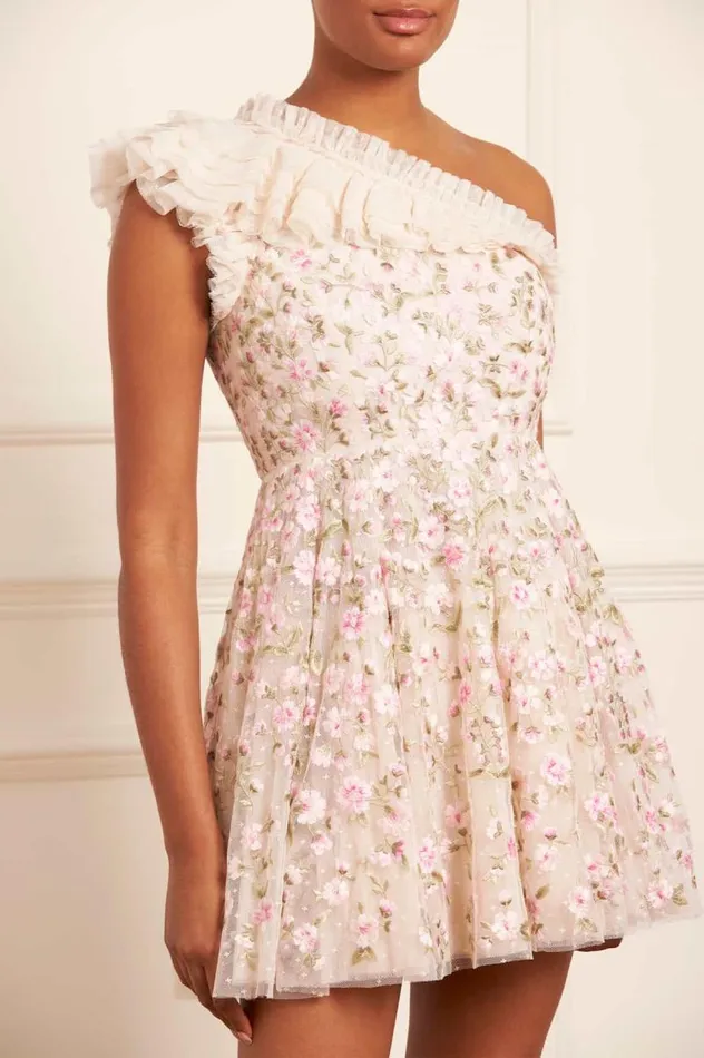 Needle and Thread Dresses Posy Pirouette OneShoulder Micro Mini Dress Champagne 8211 Women