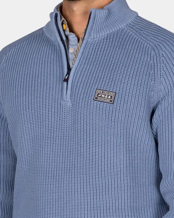 NZA New Zealand Auckland Knitwear Chunky Knit Blue HalfZip Sweater 8211 Mineral Blue 8211 Men NZA New Zealand Auckland Knitwear Chunky Knit Blue HalfZip Sweater 8211 Mineral Blue 8211 Men