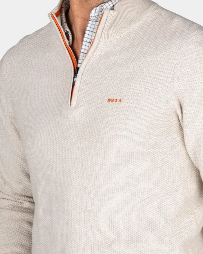 NZA New Zealand Auckland Knitwear Ecru Cotton HalfZip Sweater 8211 Powder Sand 8211 Men
