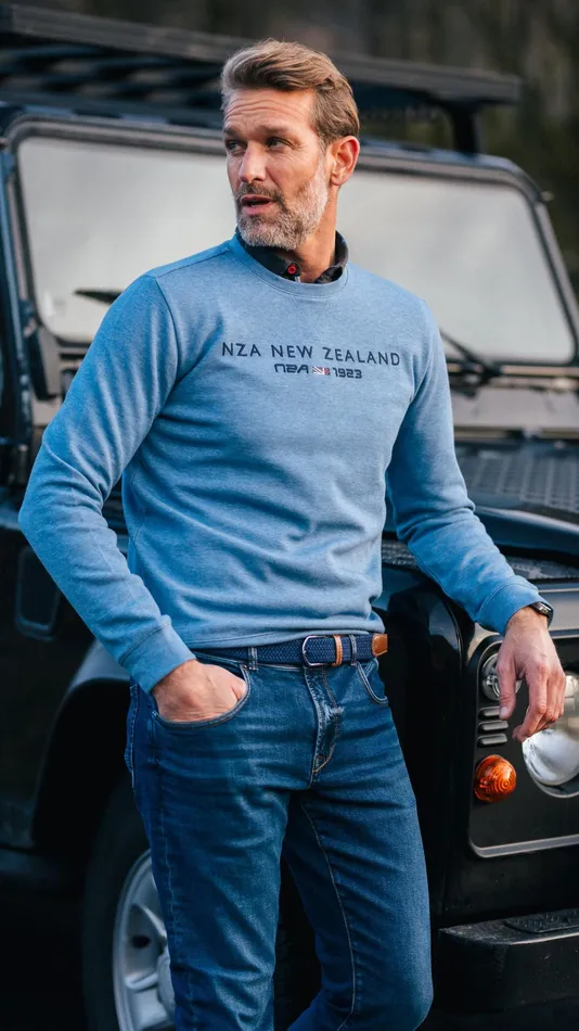 NZA New Zealand Auckland Sweatshirts Blue Sweater With Nza Logo 8211 Brave Blue 8211 Men NZA New Zealand Auckland Sweatshirts Blue Sweater With Nza Logo 8211 Brave Blue 8211 Men
