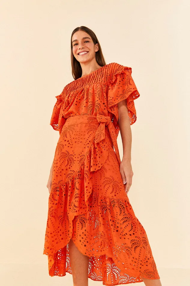 Orange Palm Tree Richelieu Midi Skirt Women Farm Rio Skirts