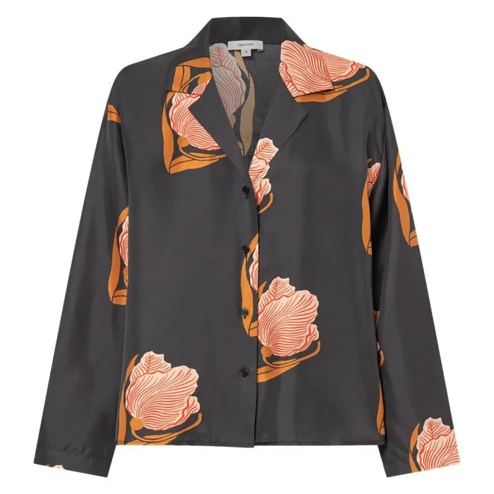 Oroton Tops Linear Tulip Print Long Sleeve Camp Shirt Black 8211 Women
