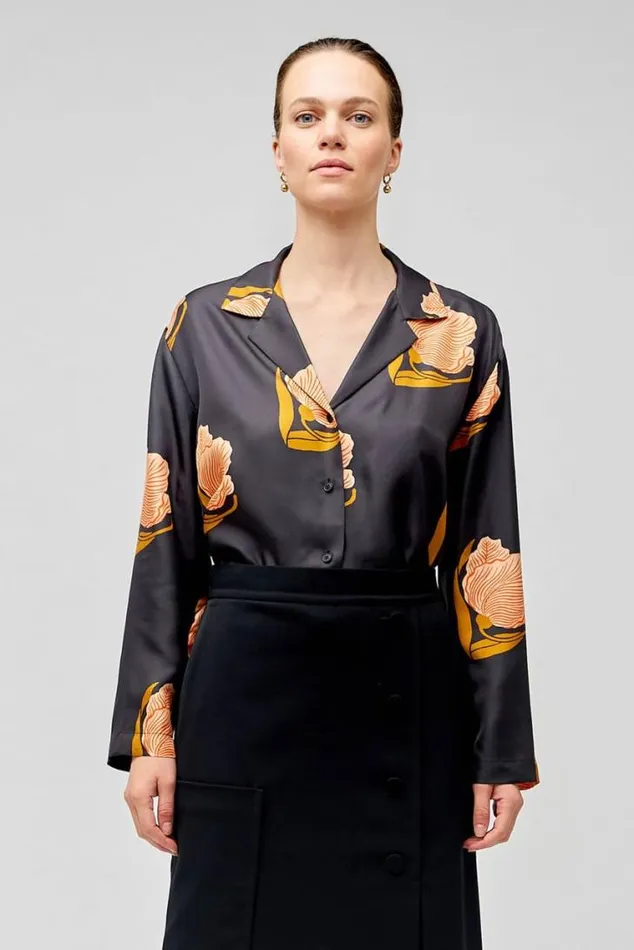 Oroton Tops Linear Tulip Print Long Sleeve Camp Shirt Black 8211 Women