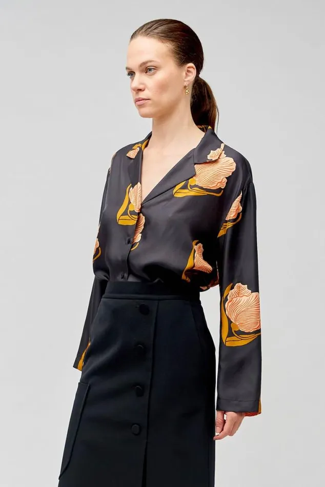 Oroton Tops Linear Tulip Print Long Sleeve Camp Shirt Black 8211 Women