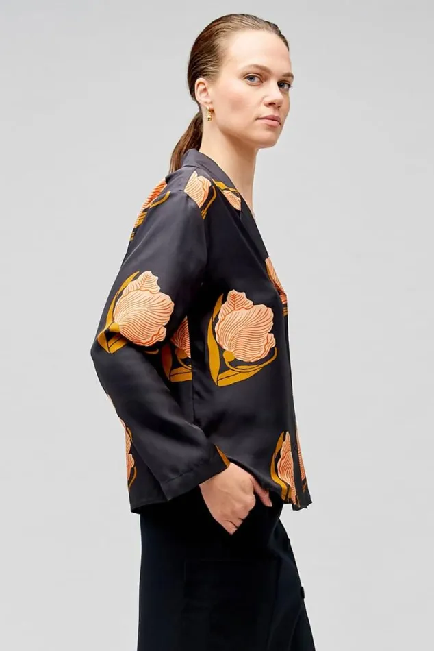 Oroton Tops Linear Tulip Print Long Sleeve Camp Shirt Black 8211 Women