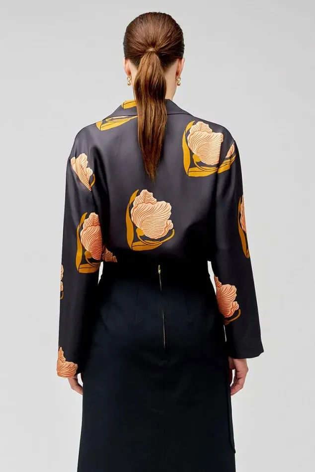 Oroton Tops Linear Tulip Print Long Sleeve Camp Shirt Black 8211 Women