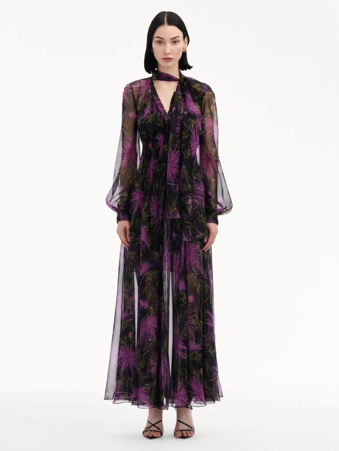 Oscar De La Renta Chrysanthemum Chiffon Maxi Dress Purple Navy Women Dresses Oscar De La Renta Chrysanthemum Chiffon Maxi Dress Purple Navy Women Dresses