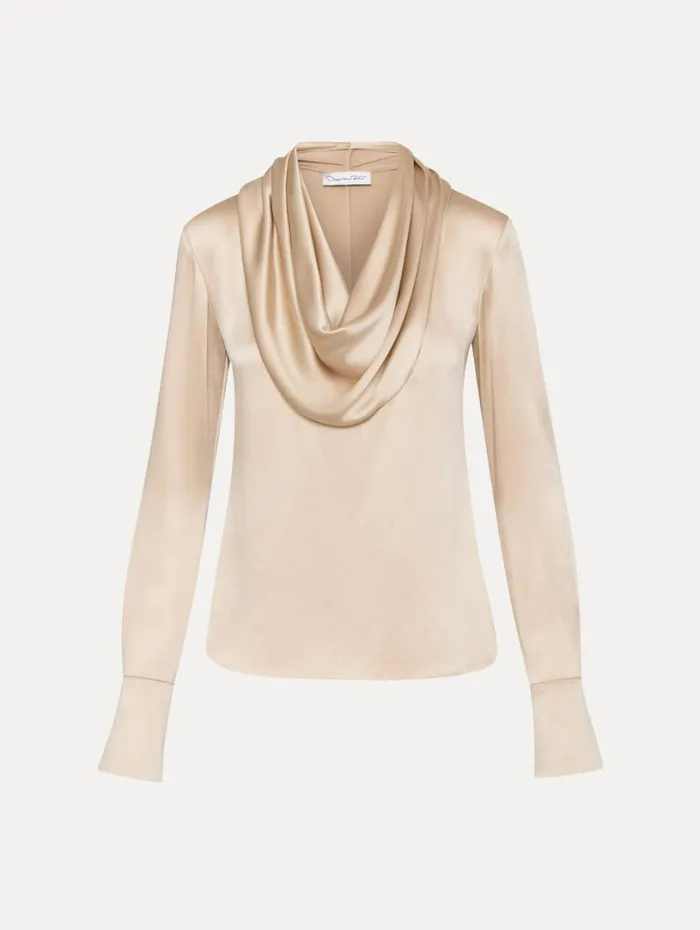 Oscar De La Renta Cowl Neck Satin Blouse Nude Women Blouses and Knits