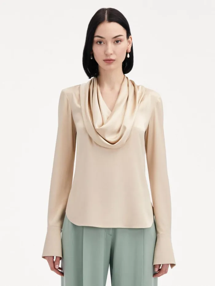 Oscar De La Renta Cowl Neck Satin Blouse Nude Women Blouses and Knits