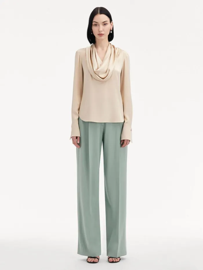 Oscar De La Renta Cowl Neck Satin Blouse Nude Women Blouses and Knits