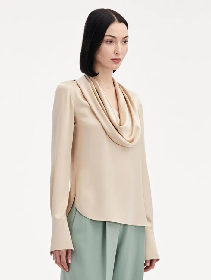 Oscar De La Renta Cowl Neck Satin Blouse Nude Women Blouses and Knits