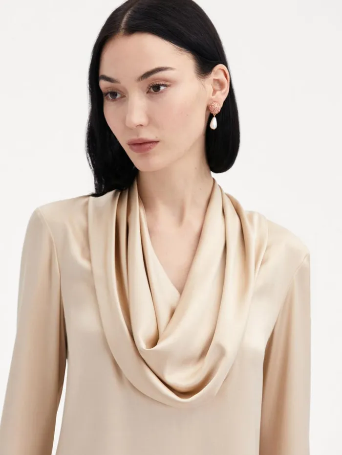 Oscar De La Renta Cowl Neck Satin Blouse Nude Women Blouses and Knits