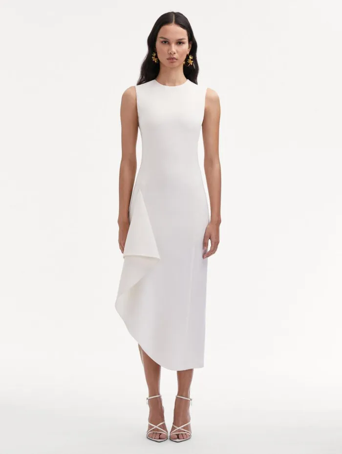 Oscar De La Renta Draped Asymmetrical Wool Dress Off White Women Dresses