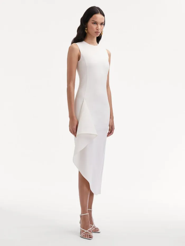 Oscar De La Renta Draped Asymmetrical Wool Dress Off White Women Dresses