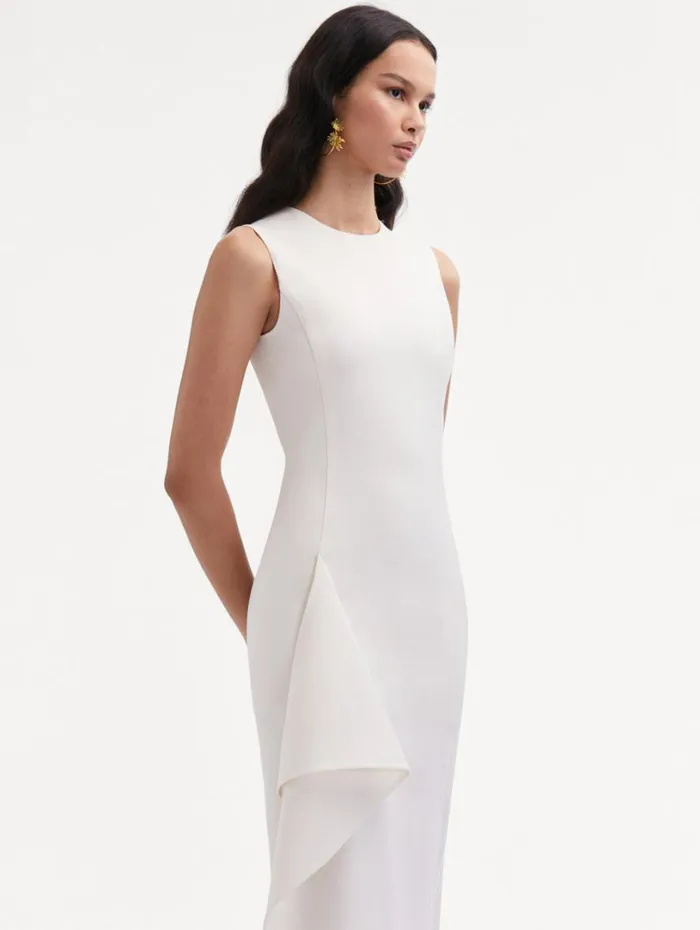 Oscar De La Renta Draped Asymmetrical Wool Dress Off White Women Dresses