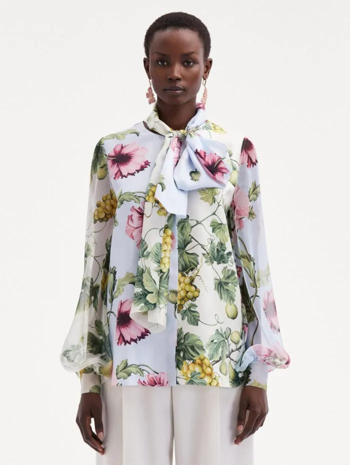 Oscar De La Renta Fig and Grapes Silk Chiffon Blouse Multi Women Blouses and Knits