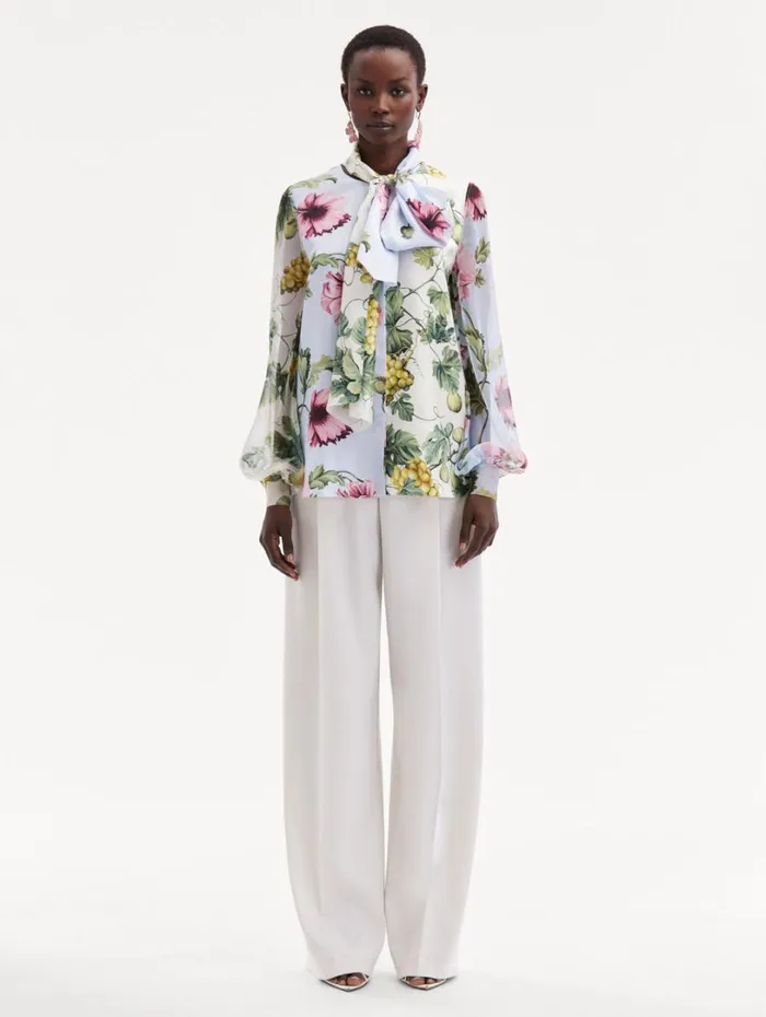 Oscar De La Renta Fig and Grapes Silk Chiffon Blouse Multi Women Blouses and Knits