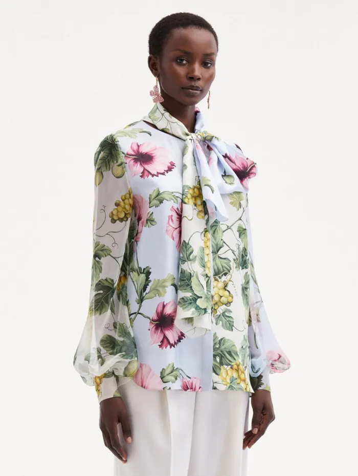 Oscar De La Renta Fig and Grapes Silk Chiffon Blouse Multi Women Blouses and Knits