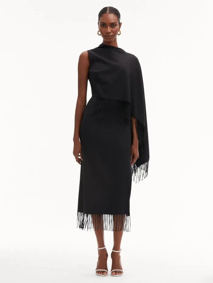 Oscar De La Renta Fringed Cape Midi Dress Anthracite Women Dresses Oscar De La Renta Fringed Cape Midi Dress Anthracite Women Dresses