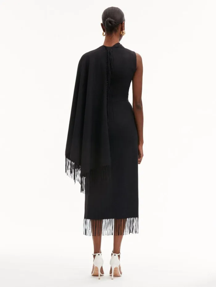 Oscar De La Renta Fringed Cape Midi Dress Anthracite Women Dresses Oscar De La Renta Fringed Cape Midi Dress Anthracite Women Dresses