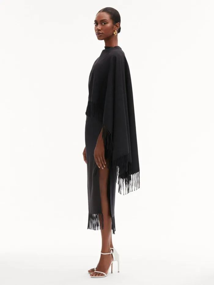 Oscar De La Renta Fringed Cape Midi Dress Anthracite Women Dresses Oscar De La Renta Fringed Cape Midi Dress Anthracite Women Dresses