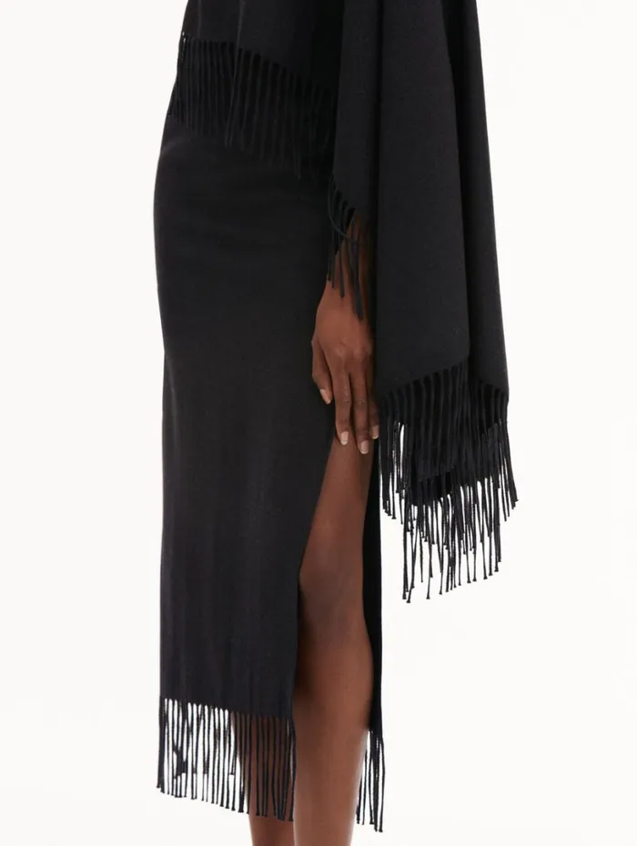 Oscar De La Renta Fringed Cape Midi Dress Anthracite Women Dresses Oscar De La Renta Fringed Cape Midi Dress Anthracite Women Dresses
