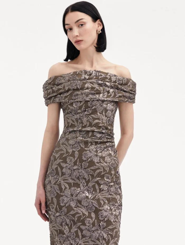Oscar De La Renta Metallic Orchid Jacquard Cocktail Dress Truffle Brass Women Dresses Oscar De La Renta Metallic Orchid Jacquard Cocktail Dress Truffle Brass Women Dresses