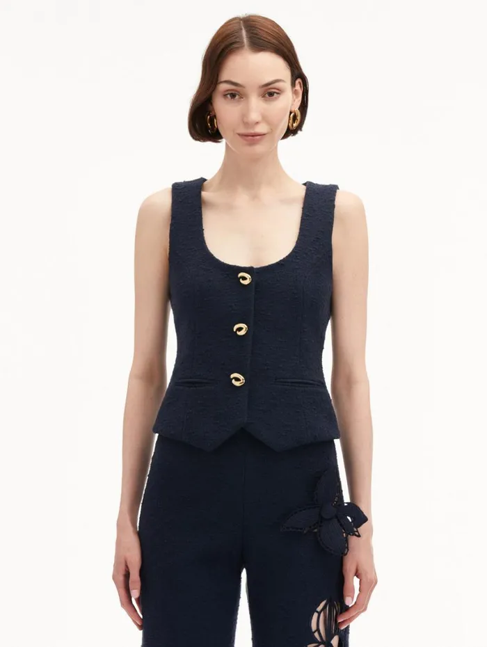 Oscar De La Renta O Button Cotton Tweed Vest Navy Women Jackets and Coats Oscar De La Renta O Button Cotton Tweed Vest Navy Women Jackets and Coats