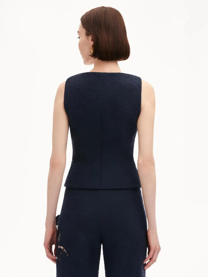 Oscar De La Renta O Button Cotton Tweed Vest Navy Women Jackets and Coats Oscar De La Renta O Button Cotton Tweed Vest Navy Women Jackets and Coats