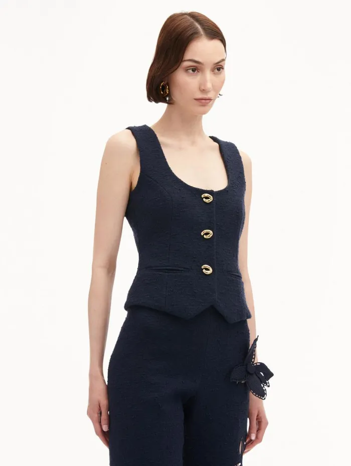 Oscar De La Renta O Button Cotton Tweed Vest Navy Women Jackets and Coats Oscar De La Renta O Button Cotton Tweed Vest Navy Women Jackets and Coats