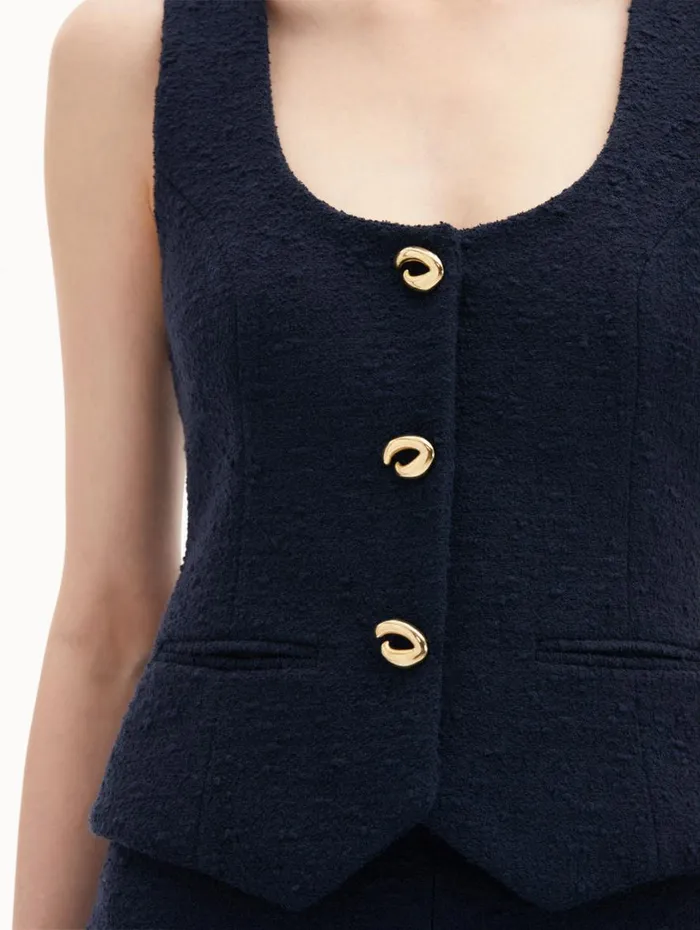 Oscar De La Renta O Button Cotton Tweed Vest Navy Women Jackets and Coats Oscar De La Renta O Button Cotton Tweed Vest Navy Women Jackets and Coats