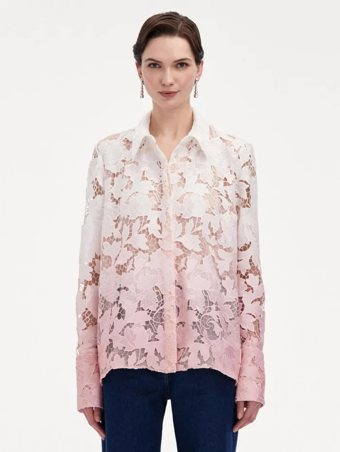 Oscar De La Renta Ombr Peony Guipure Blouse Soft Pink Women Blouses and Knits Oscar De La Renta Ombr Peony Guipure Blouse Soft Pink Women Blouses and Knits