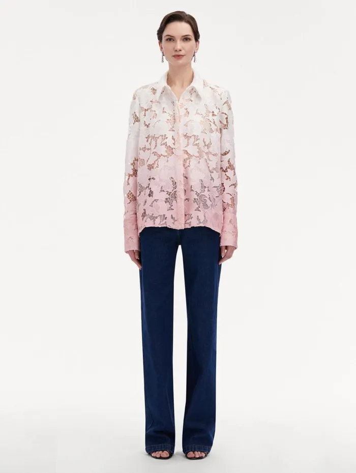 Oscar De La Renta Ombr Peony Guipure Blouse Soft Pink Women Blouses and Knits Oscar De La Renta Ombr Peony Guipure Blouse Soft Pink Women Blouses and Knits
