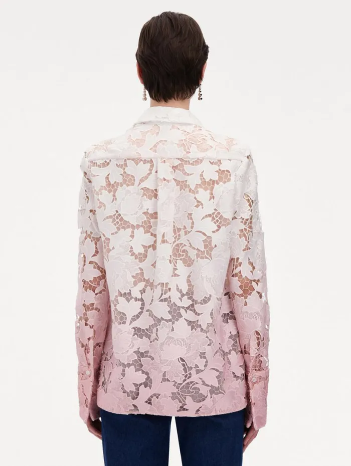 Oscar De La Renta Ombr Peony Guipure Blouse Soft Pink Women Blouses and Knits Oscar De La Renta Ombr Peony Guipure Blouse Soft Pink Women Blouses and Knits