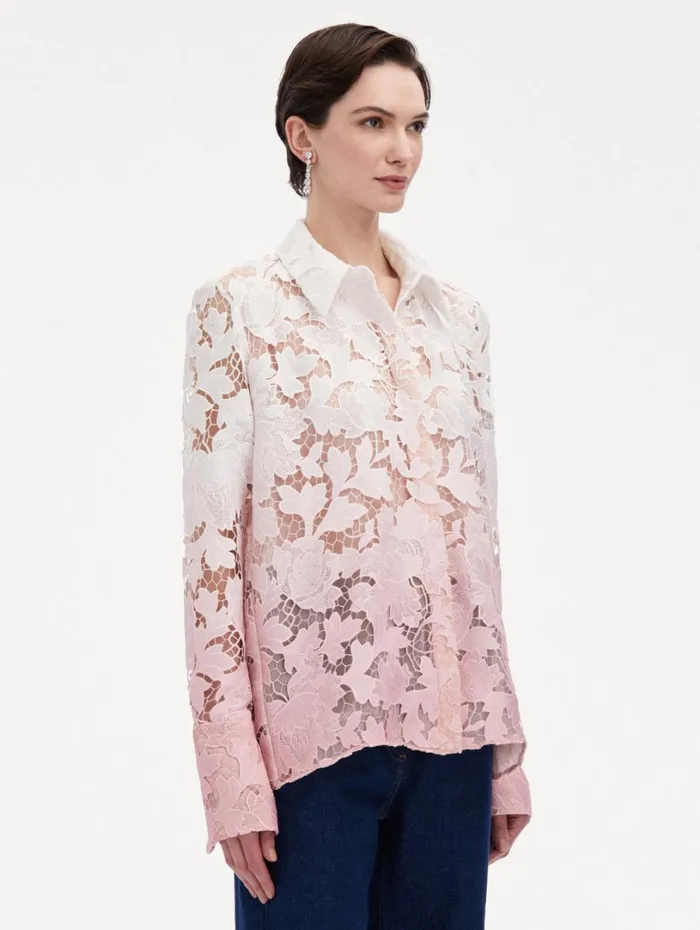 Oscar De La Renta Ombr Peony Guipure Blouse Soft Pink Women Blouses and Knits Oscar De La Renta Ombr Peony Guipure Blouse Soft Pink Women Blouses and Knits