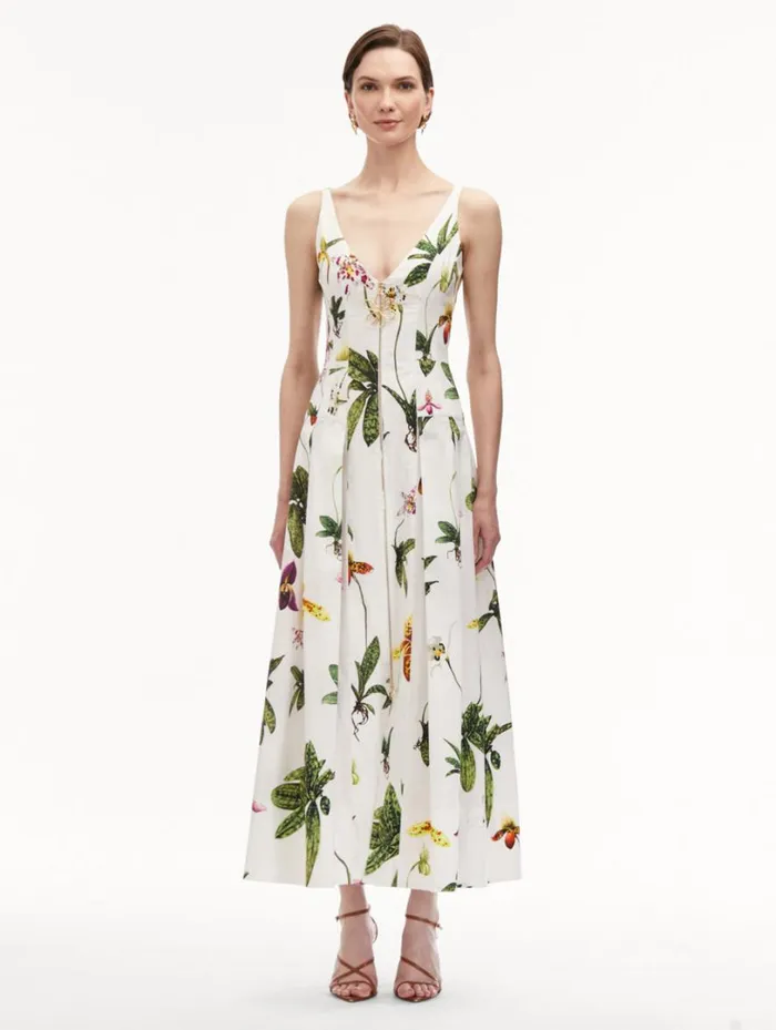 Oscar De La Renta Orchid Zip Front Cotton Poplin Dress White Multi Women Dresses