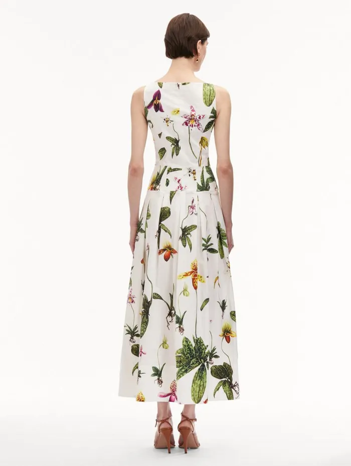 Oscar De La Renta Orchid Zip Front Cotton Poplin Dress White Multi Women Dresses