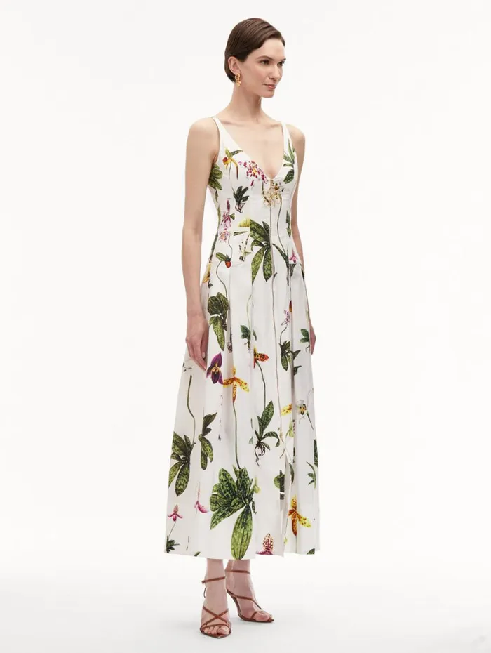 Oscar De La Renta Orchid Zip Front Cotton Poplin Dress White Multi Women Dresses
